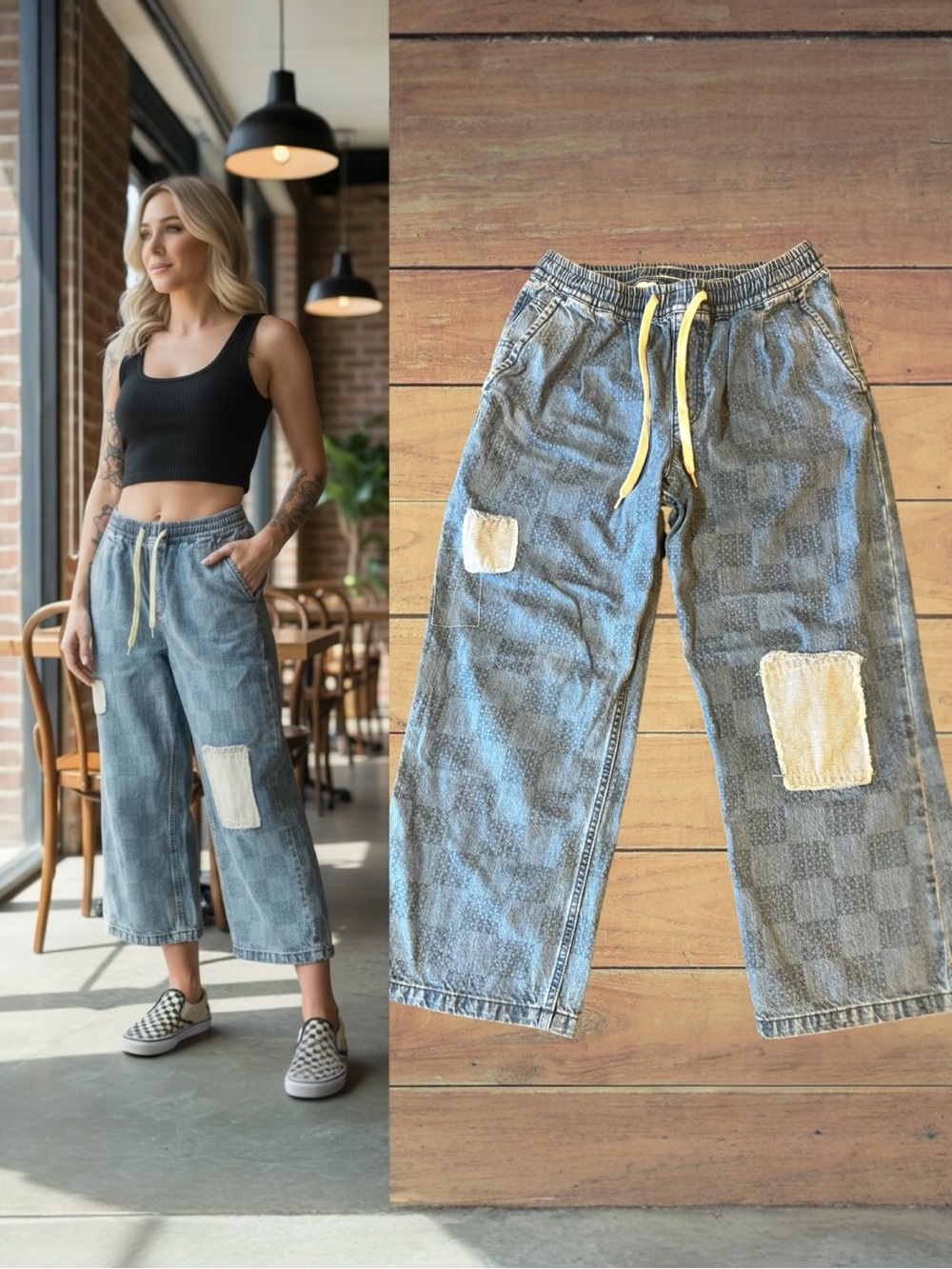 Vans Light Blue Patchwork Cropped Wide-Leg Jeans with Drawstring Size Small